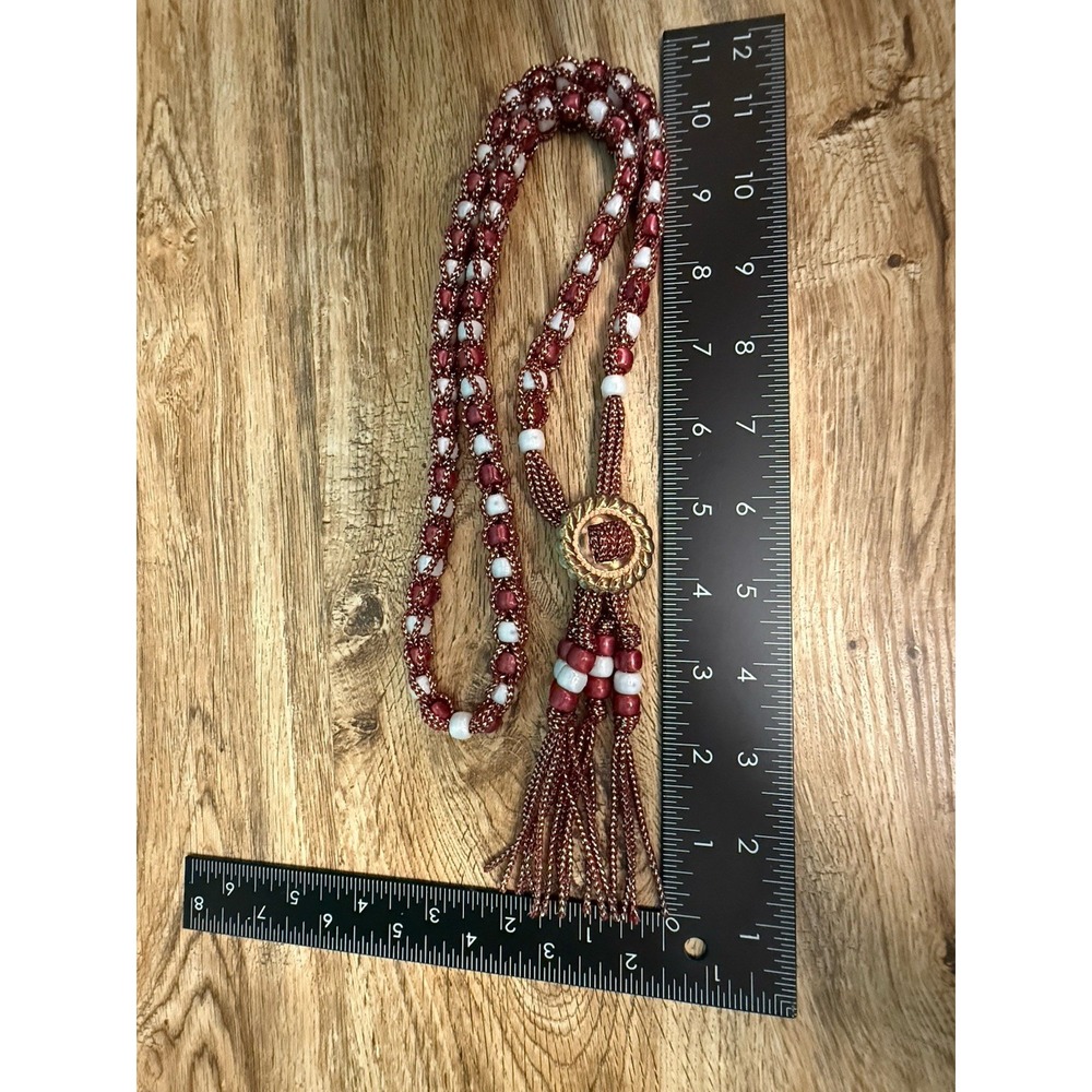 Handmade Beaded Bolo Tie Necklace Sparkly Red Wht Plastic Beads Cowgirl Costume - Picture 4 of 7